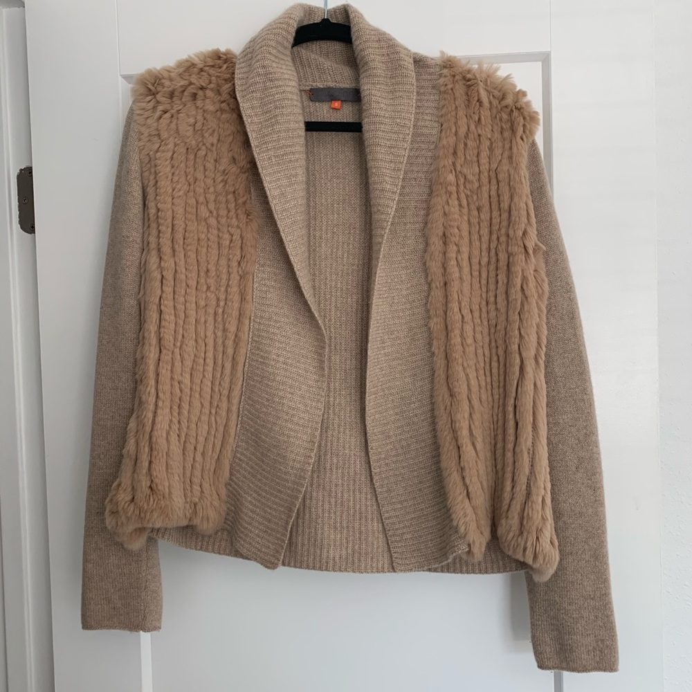 Front rabbit fur and cashmere knit cardigan